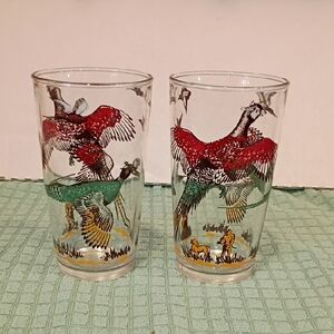 Pheasant Design High Ball Glass - Set of 2 Hunting Lodge Barware Vintage